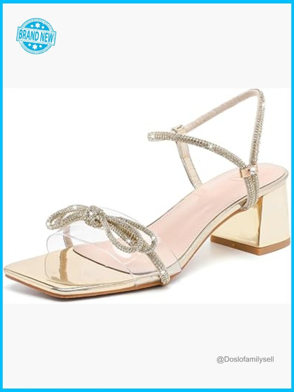 Chunky Heeled Sandals with Rhinestone Bow Square Toe Slingback Wedding Party